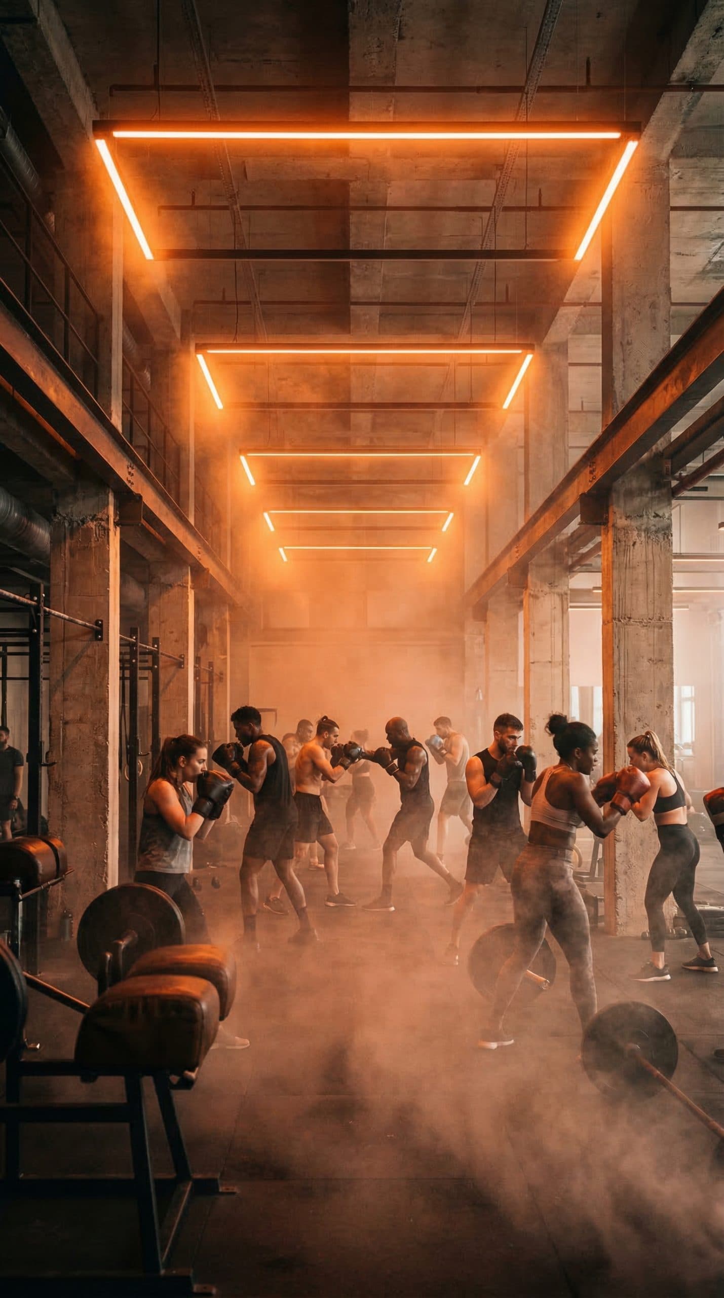 Gimnasio boutique con sistema de neutralización molecular ODEUR integrado — tecnología invisible que elimina COVs del sudor y diseña el perfil olfativo del espacio