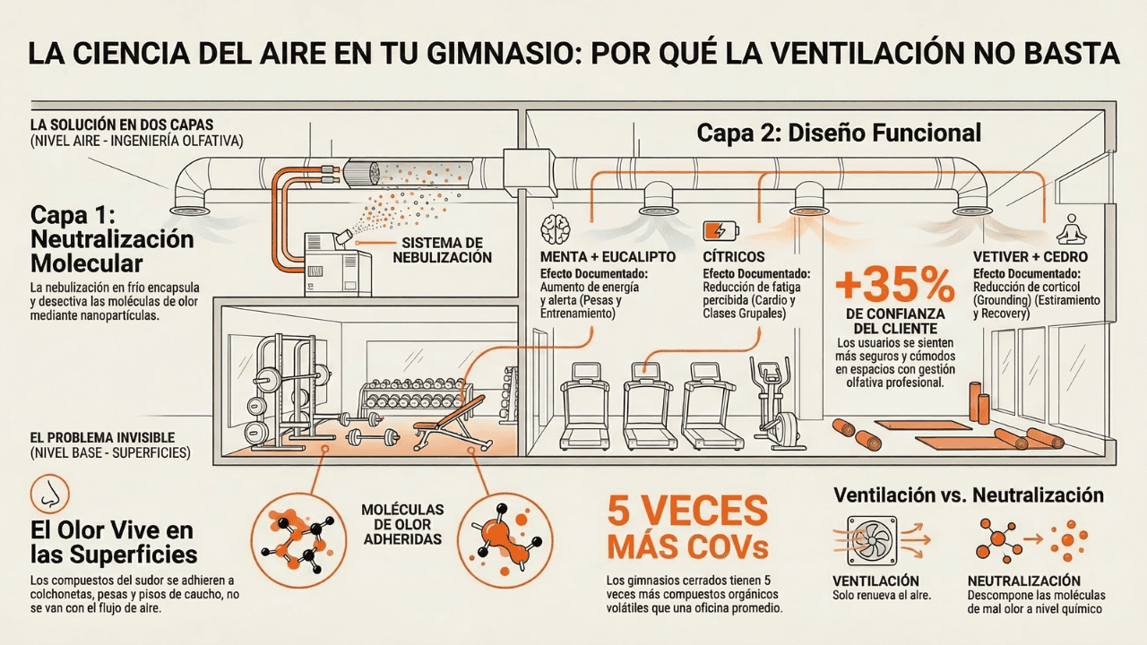 Infografía: la ciencia del aire en tu gimnasio — por qué la ventilación no basta, la neutralización molecular como Capa 1, el diseño funcional por nota olfativa como Capa 2, y la diferencia entre ventilar y neutralizar