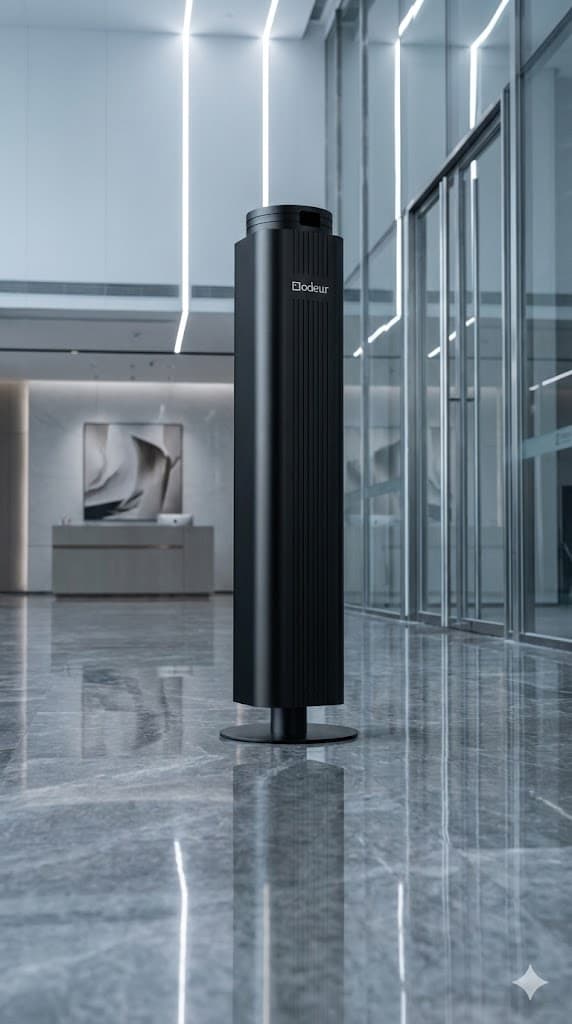 TOWER 2001 de ODEUR en el atrio de mármol de un centro comercial