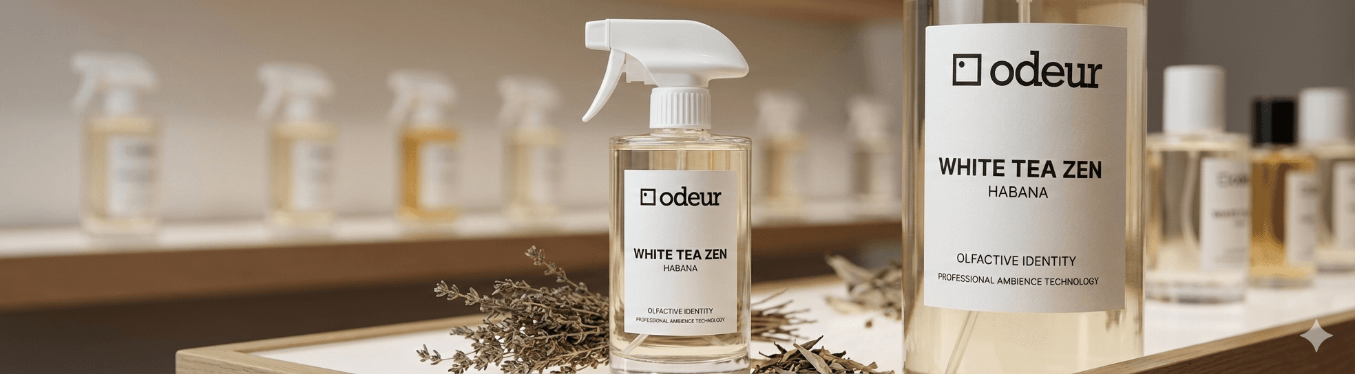 Frascos de identidad olfativa ODEUR «White Tea Zen · Habana» exhibidos en una repisa de tienda